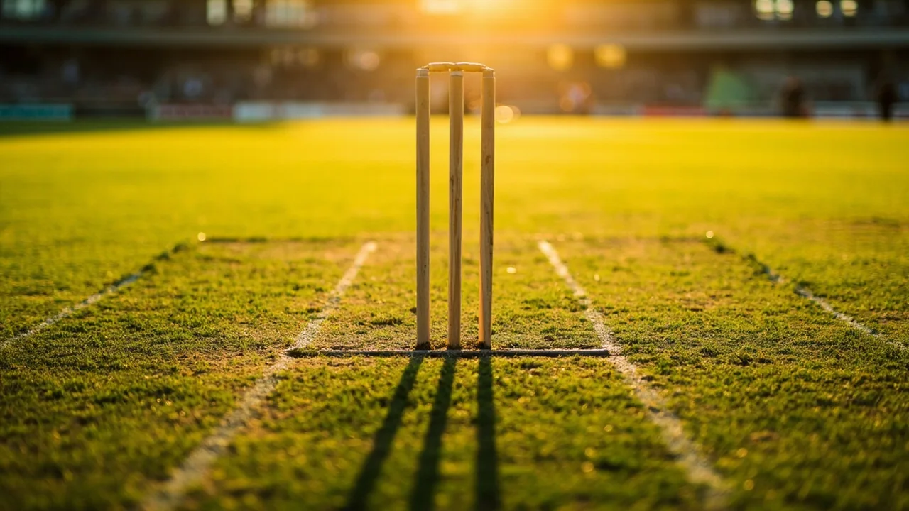 Top-down view of a cricket pitch with a coin in the centre